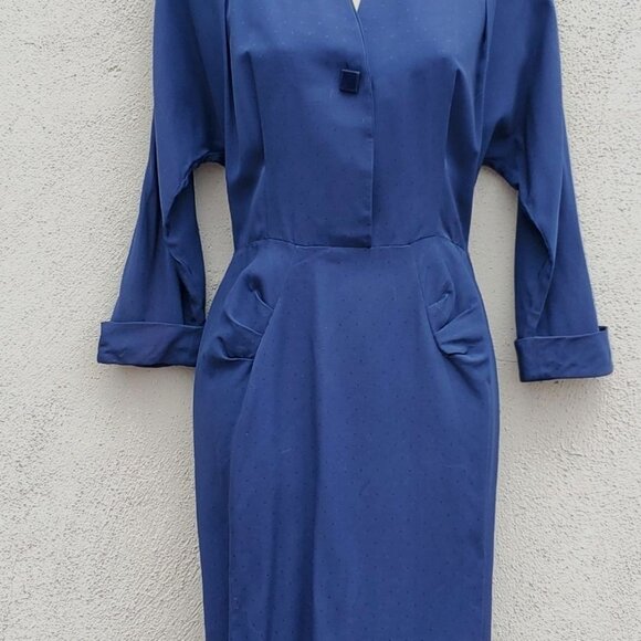 Vintage 1940s Navy Blue Rayon Wiggle Dress Curvy Hourglass 10 12 - Picture 3 of 12